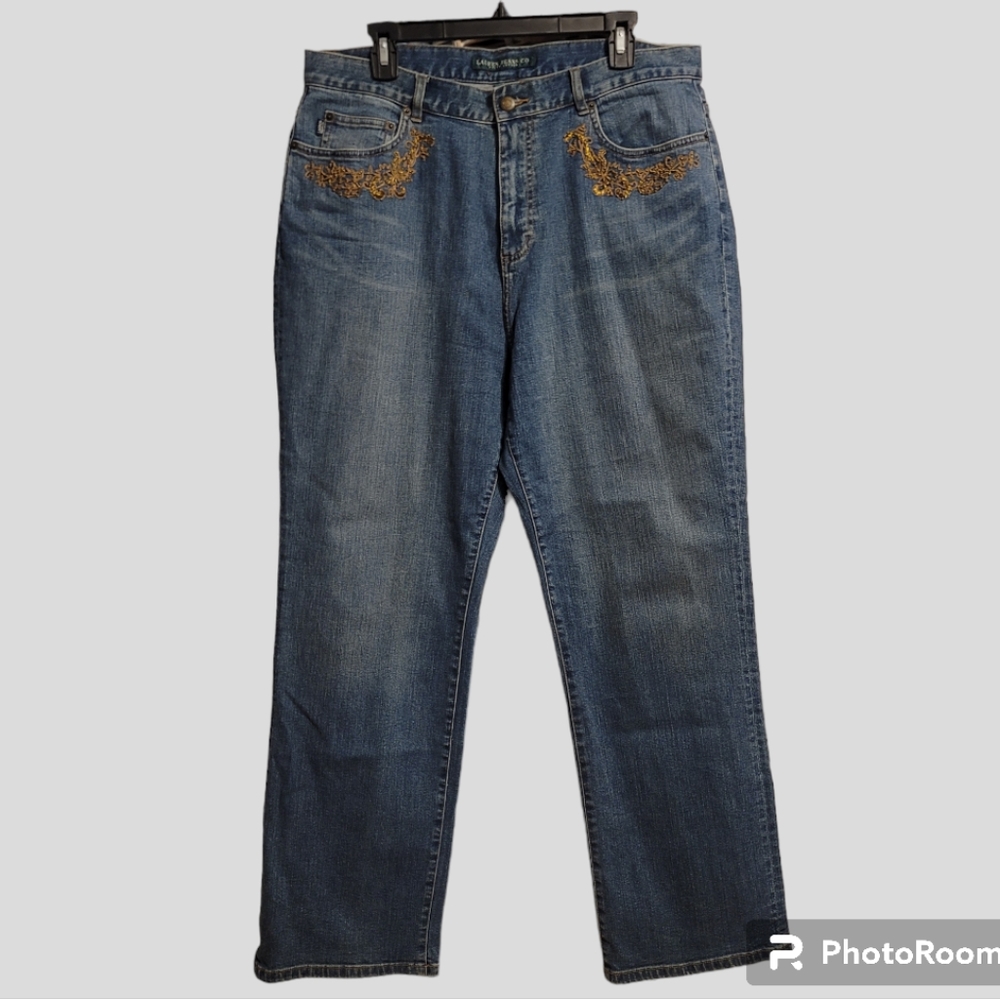 Lauren Ralph Lauren Jeans Co. Womens 14W Blue Gold Embellished High Rise Cowgirl